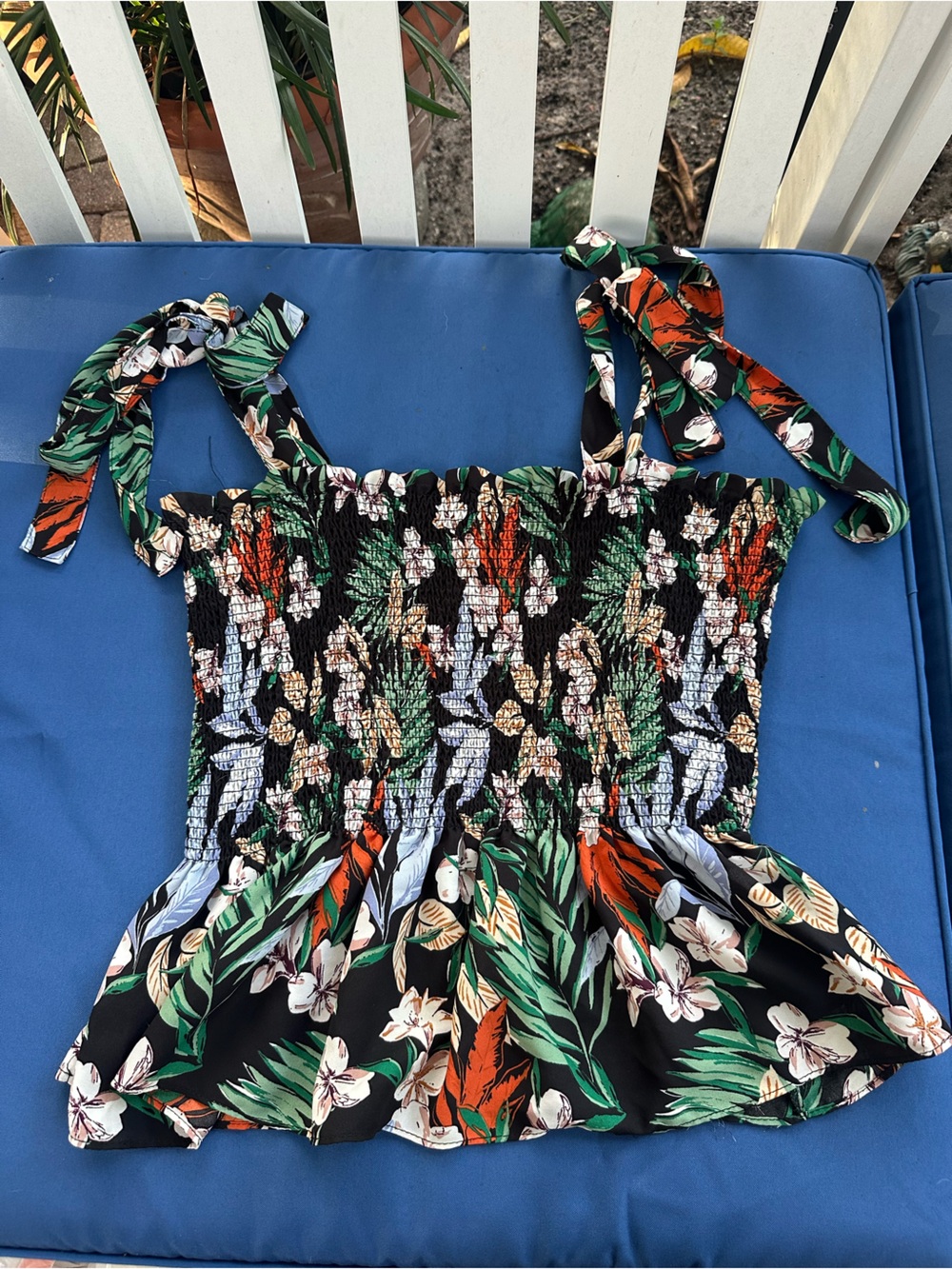Rachel Zoe Floral Tie-Shoulder Smocked Peplum Top - Black Multi Size M